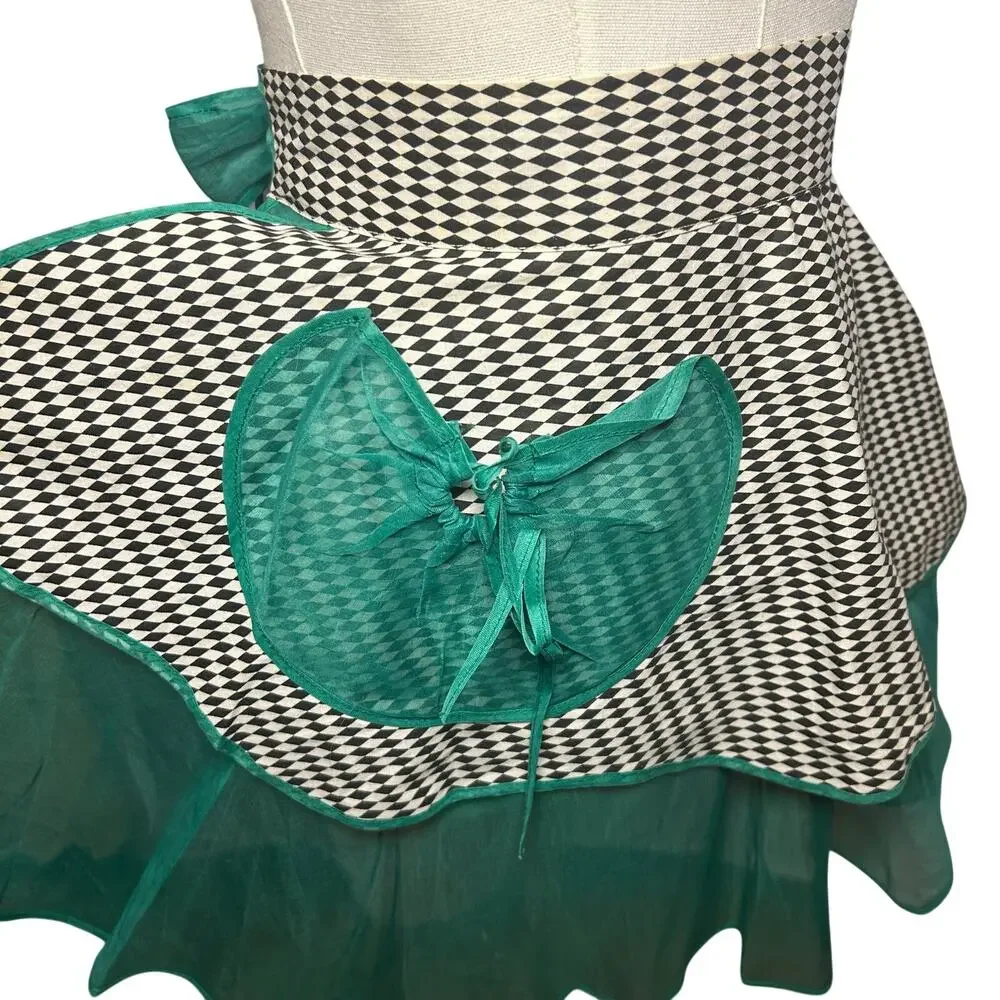 Vintage1950s Harlequin Organza Hostess Apron Green Sheer Ruffle Miu Miu Style OS